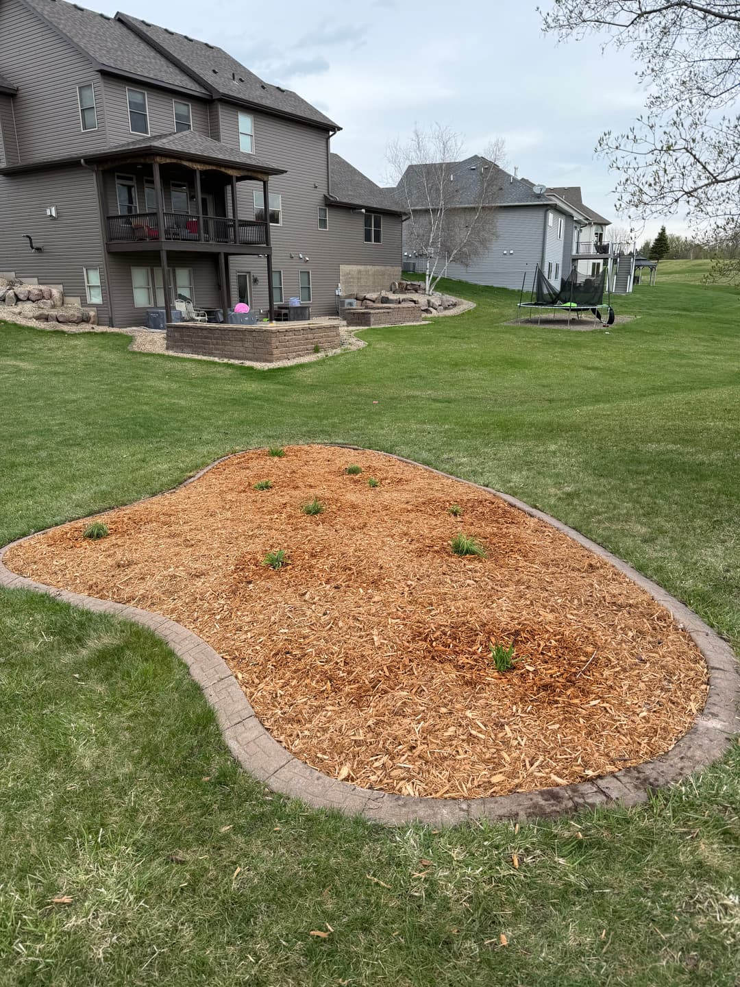 Mulch garden bed with new plants in suburban yard, surrounded by grass and patio area.