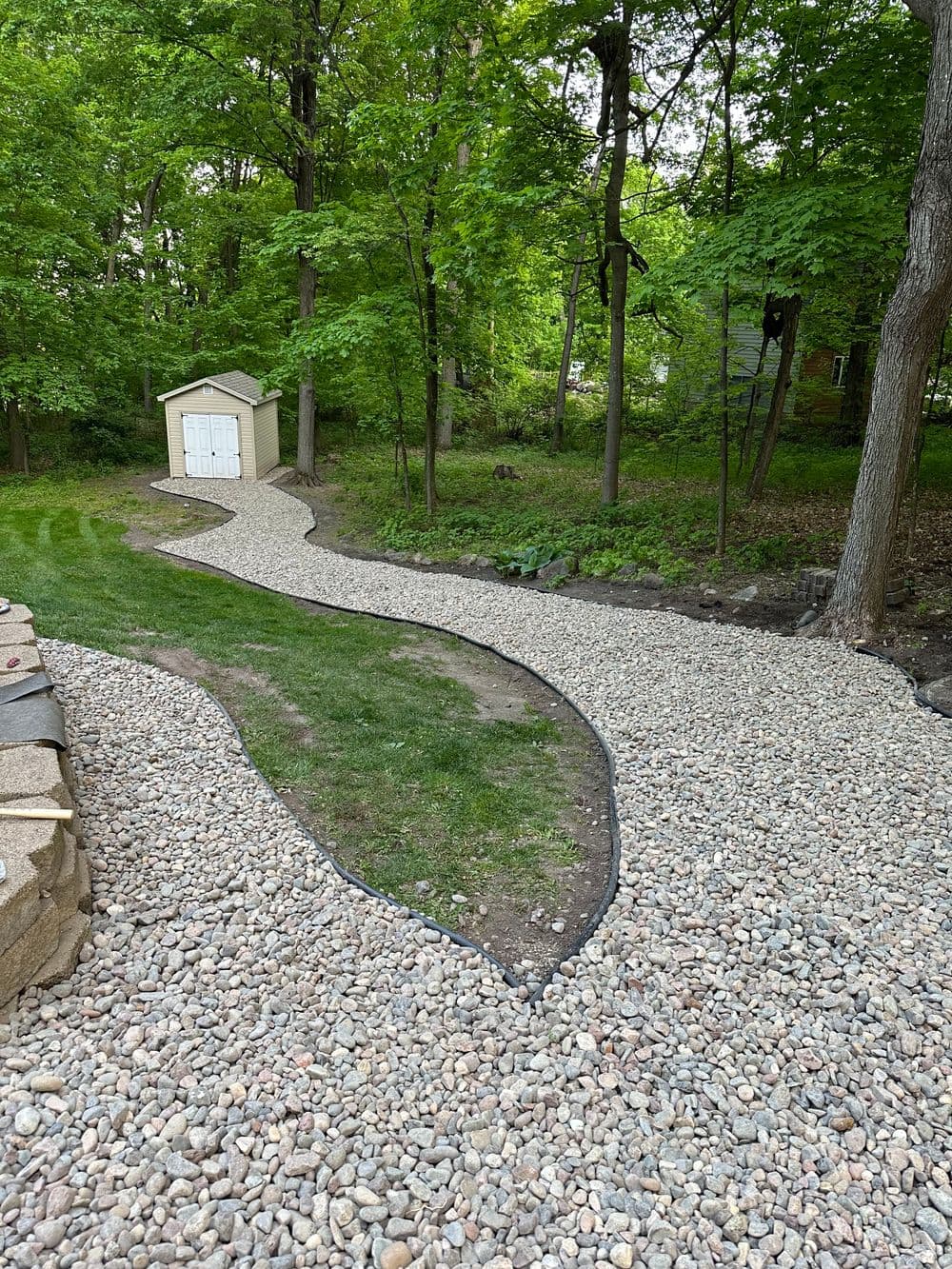 Winding gravel path through lush greenery leading to a shed in the backyard.