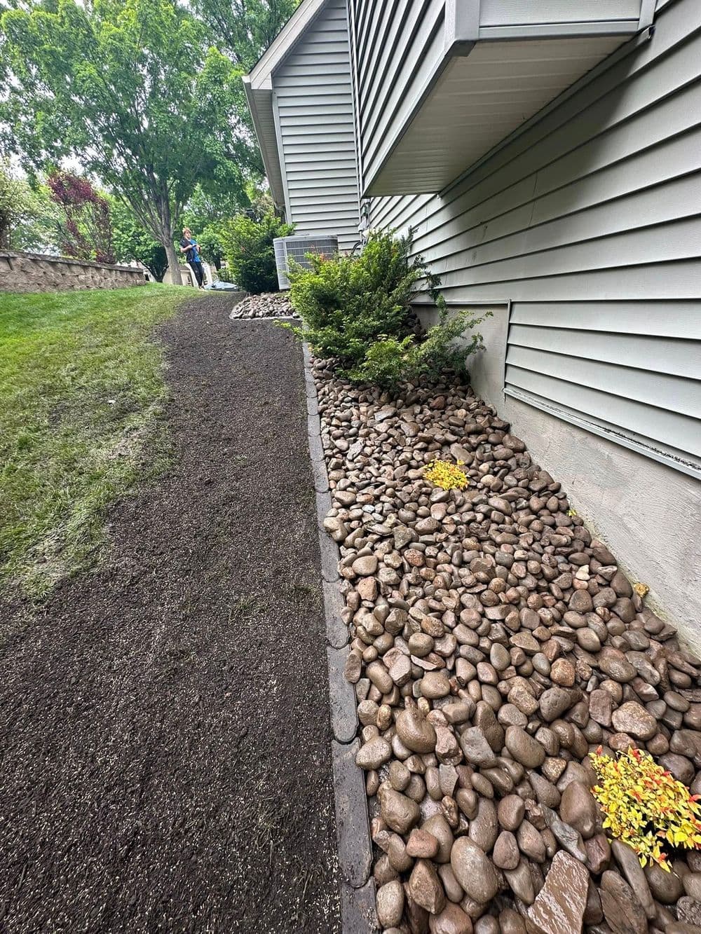 Landscaped pathway with rocks and plants beside a home, showcasing outdoor design elements.